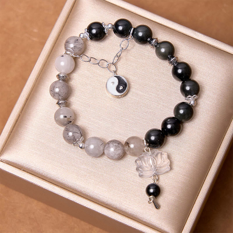 Braccialetto di protezione Yin Yang Lotus in quarzo ialino ossidiana screpolata lucida argento Buddha Stones