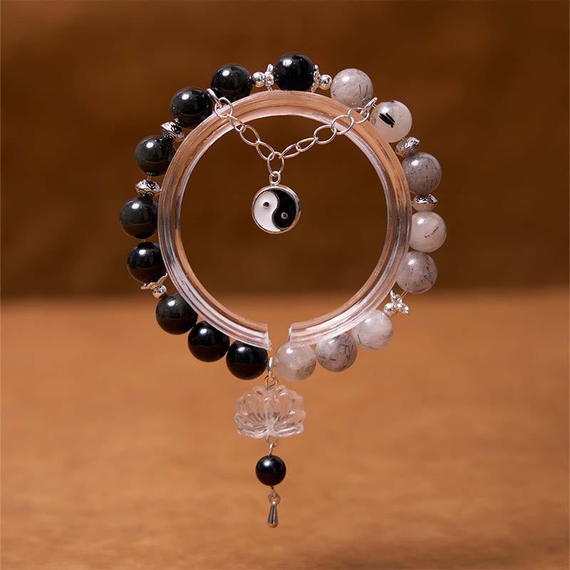 Braccialetto di protezione Yin Yang Lotus in quarzo ialino ossidiana screpolata lucida argento Buddha Stones
