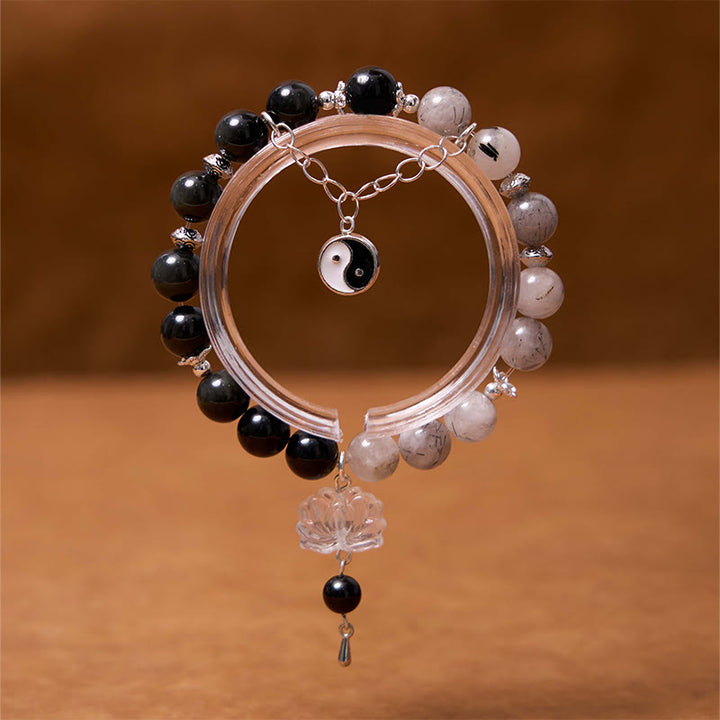 Braccialetto di protezione Yin Yang Lotus in quarzo ialino ossidiana screpolata lucida argento Buddha Stones