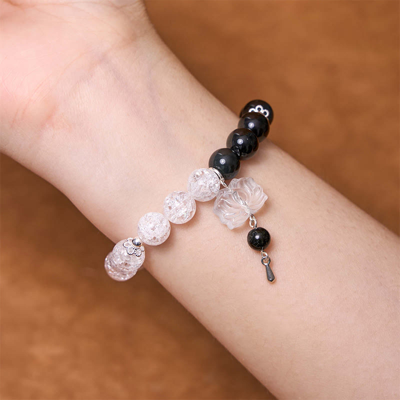 Braccialetto di protezione Yin Yang Lotus in quarzo ialino ossidiana screpolata lucida argento Buddha Stones