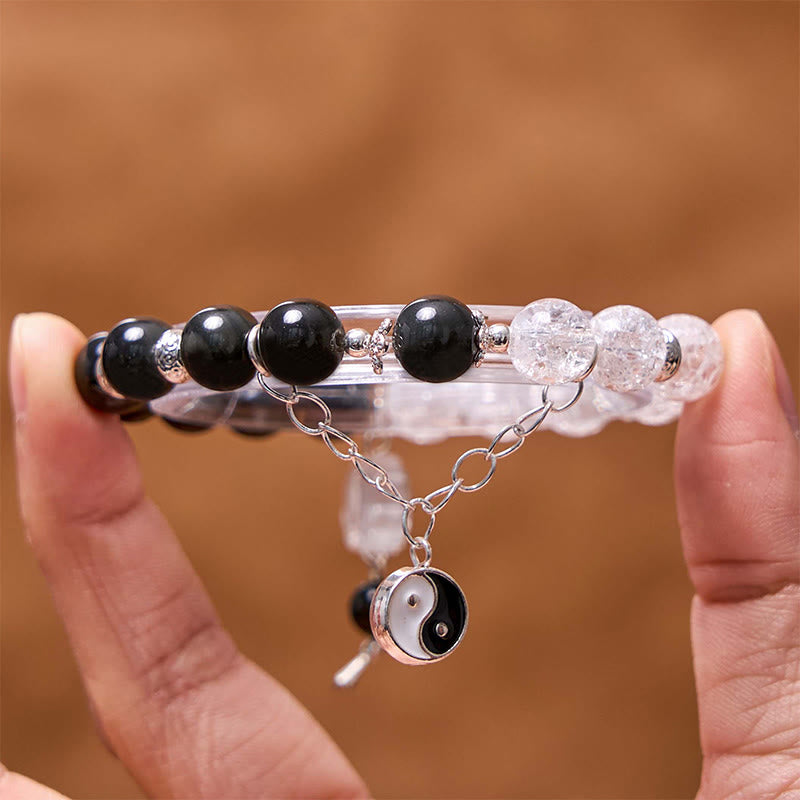 Braccialetto di protezione Yin Yang Lotus in quarzo ialino ossidiana screpolata lucida argento Buddha Stones