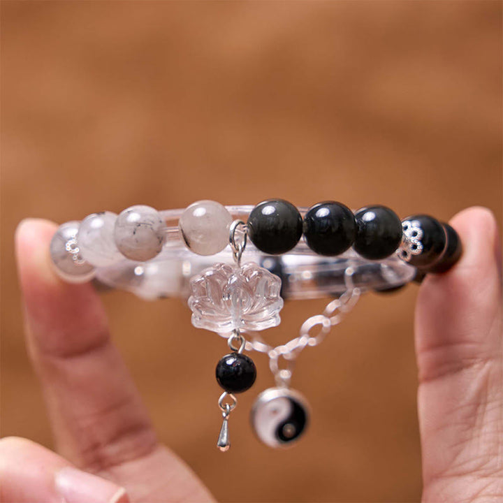 Braccialetto di protezione Yin Yang Lotus in quarzo ialino ossidiana screpolata lucida argento Buddha Stones