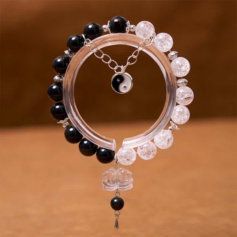 Braccialetto di protezione Yin Yang Lotus in quarzo ialino ossidiana screpolata lucida argento Buddha Stones