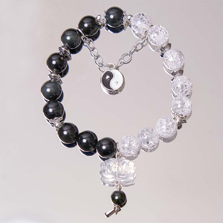Braccialetto di protezione Yin Yang Lotus in quarzo ialino ossidiana screpolata lucida argento Buddha Stones