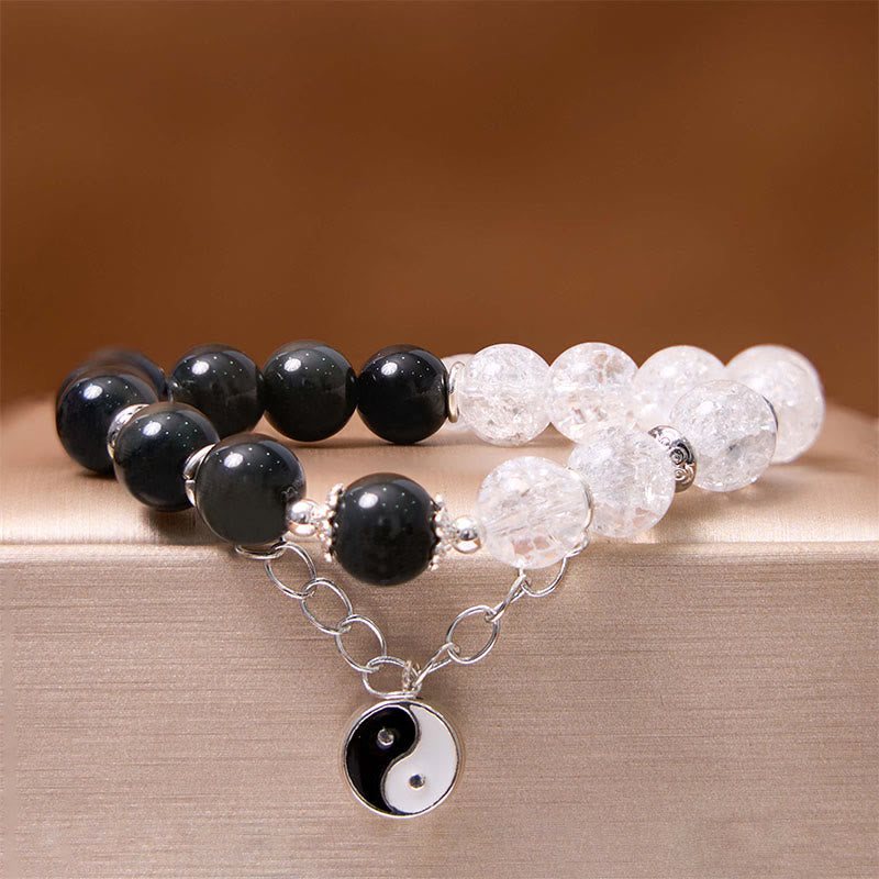 Braccialetto di protezione Yin Yang Lotus in quarzo ialino ossidiana screpolata lucida argento Buddha Stones