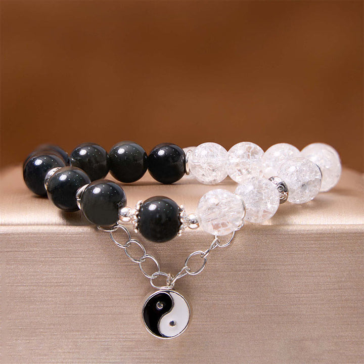 Braccialetto di protezione Yin Yang Lotus in quarzo ialino ossidiana screpolata lucida argento Buddha Stones