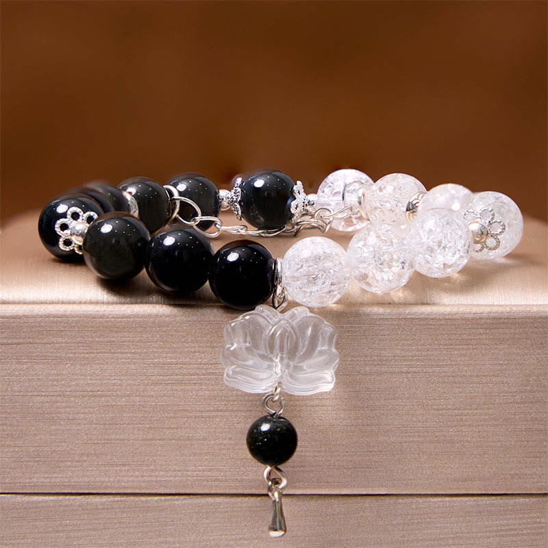 Braccialetto di protezione Yin Yang Lotus in quarzo ialino ossidiana screpolata lucida argento Buddha Stones