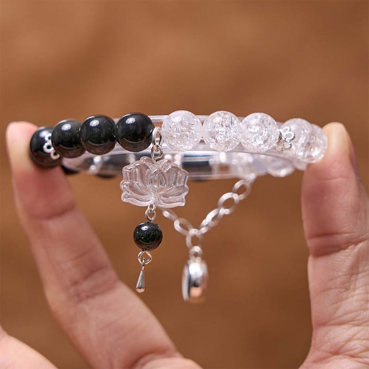 Braccialetto di protezione Yin Yang Lotus in quarzo ialino ossidiana screpolata lucida argento Buddha Stones