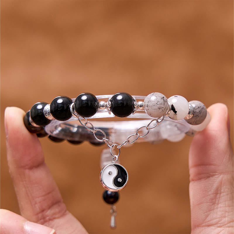 Braccialetto di protezione Yin Yang Lotus in quarzo ialino ossidiana screpolata lucida argento Buddha Stones