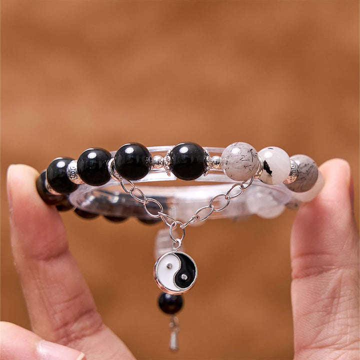 Braccialetto di protezione Yin Yang Lotus in quarzo ialino ossidiana screpolata lucida argento Buddha Stones