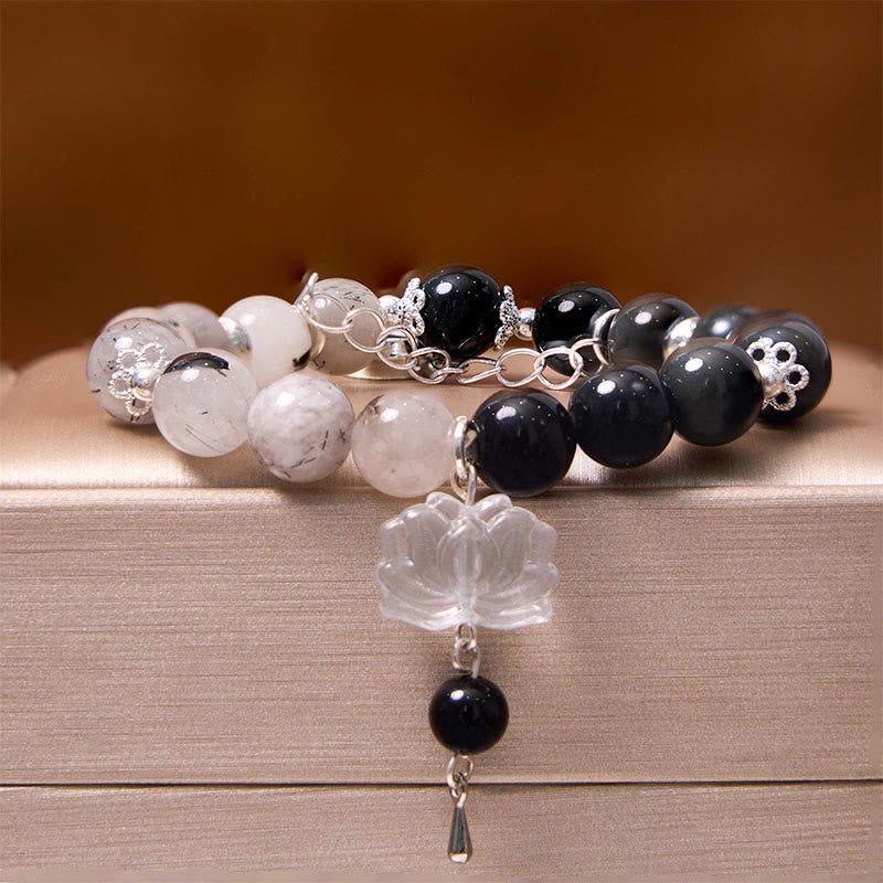 Braccialetto di protezione Yin Yang Lotus in quarzo ialino ossidiana screpolata lucida argento Buddha Stones