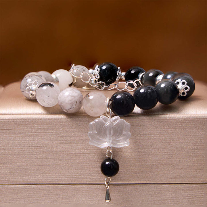 Braccialetto di protezione Yin Yang Lotus in quarzo ialino ossidiana screpolata lucida argento Buddha Stones