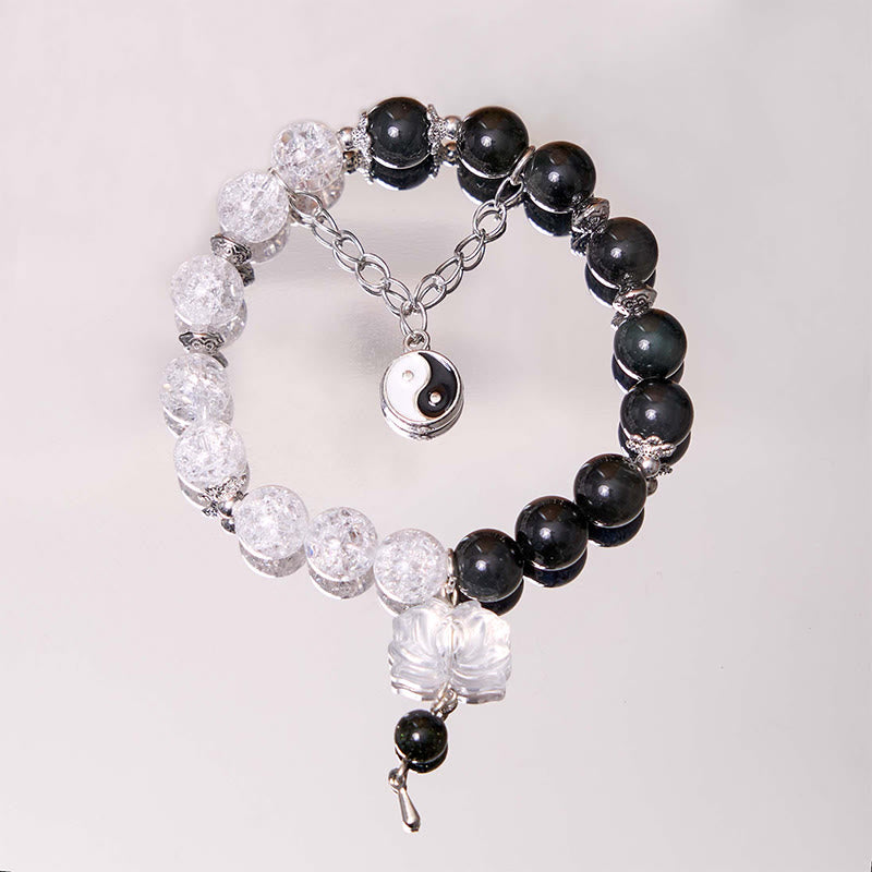 Braccialetto di protezione Yin Yang Lotus in quarzo ialino ossidiana screpolata lucida argento Buddha Stones