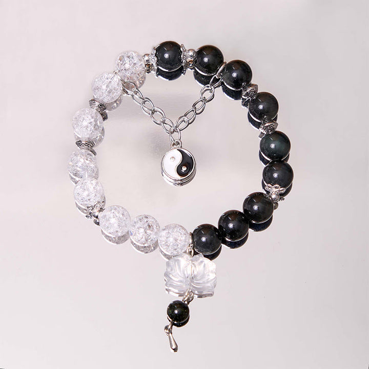 Braccialetto di protezione Yin Yang Lotus in quarzo ialino ossidiana screpolata lucida argento Buddha Stones