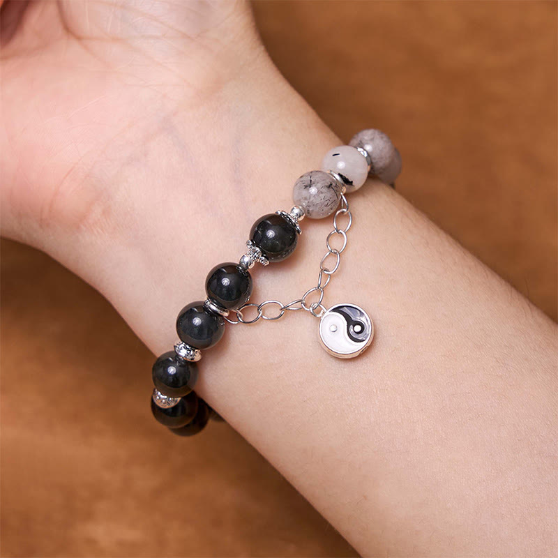 Braccialetto di protezione Yin Yang Lotus in quarzo ialino ossidiana screpolata lucida argento Buddha Stones