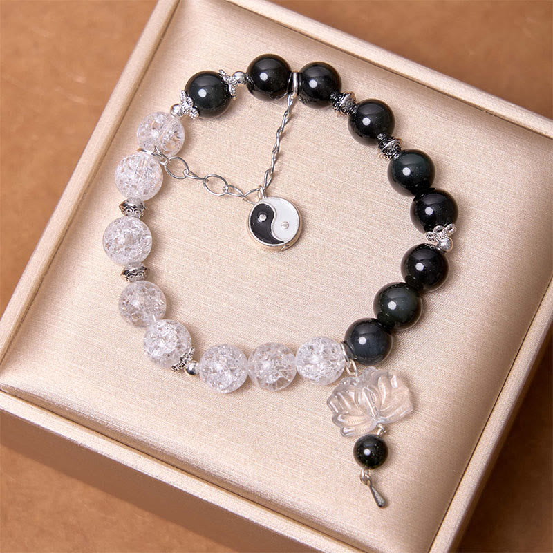 Braccialetto di protezione Yin Yang Lotus in quarzo ialino ossidiana screpolata lucida argento Buddha Stones