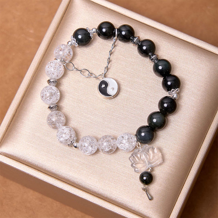 Braccialetto di protezione Yin Yang Lotus in quarzo ialino ossidiana screpolata lucida argento Buddha Stones