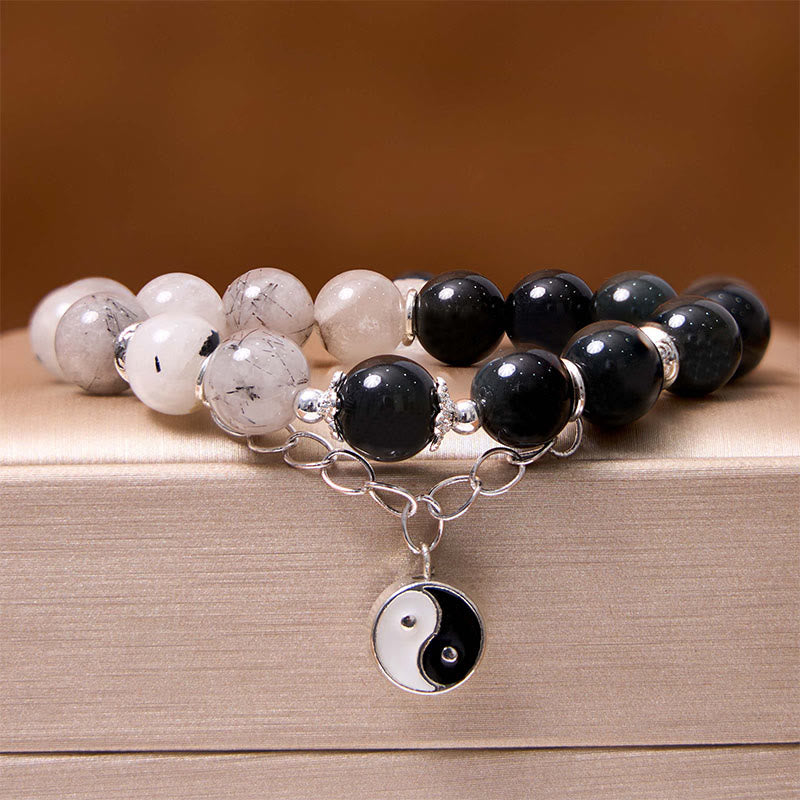 Braccialetto di protezione Yin Yang Lotus in quarzo ialino ossidiana screpolata lucida argento Buddha Stones