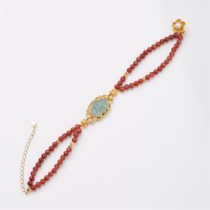 Bracciale Buddha Stones in argento sterling 925 placcato oro naturale agata rossa loto giada calma doppio strato