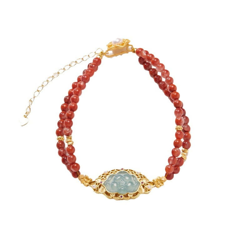 Bracciale Buddha Stones in argento sterling 925 placcato oro naturale agata rossa loto giada calma doppio strato