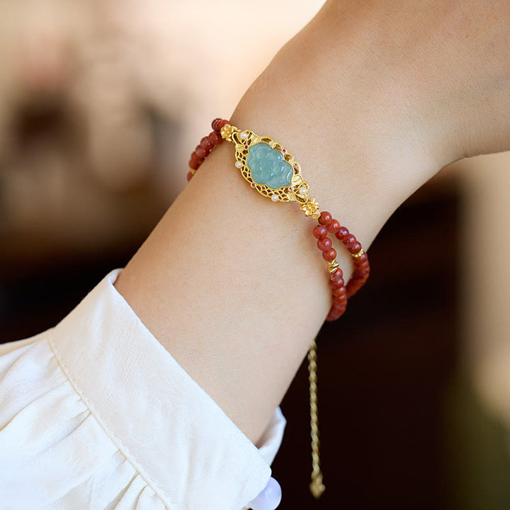 Bracciale Buddha Stones in argento sterling 925 placcato oro naturale agata rossa loto giada calma doppio strato