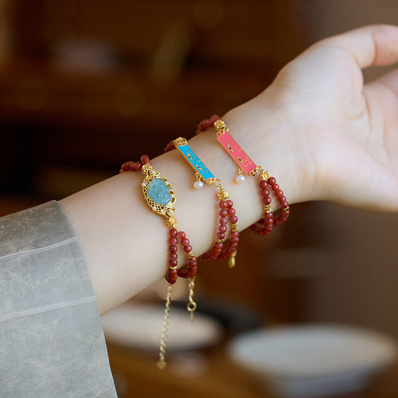 Bracciale Buddha Stones in argento sterling 925 placcato oro naturale agata rossa loto giada calma doppio strato