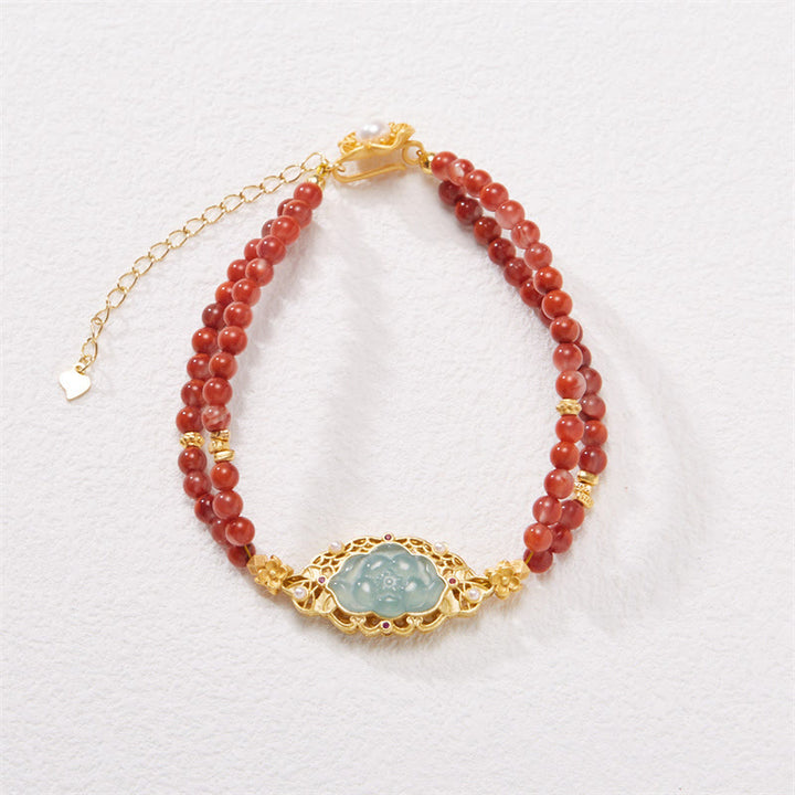 Bracciale Buddha Stones in argento sterling 925 placcato oro naturale agata rossa loto giada calma doppio strato