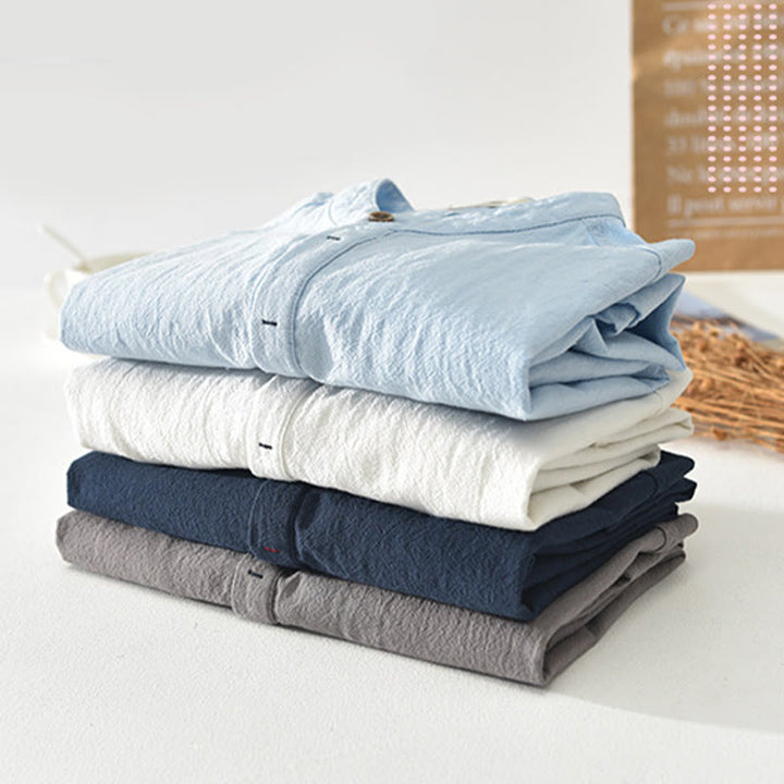 Camicia da uomo a maniche corte con mezza abbottonatura, tinta unita, con motivo Buddha Stones. Abbigliamento in cotone. - image 1