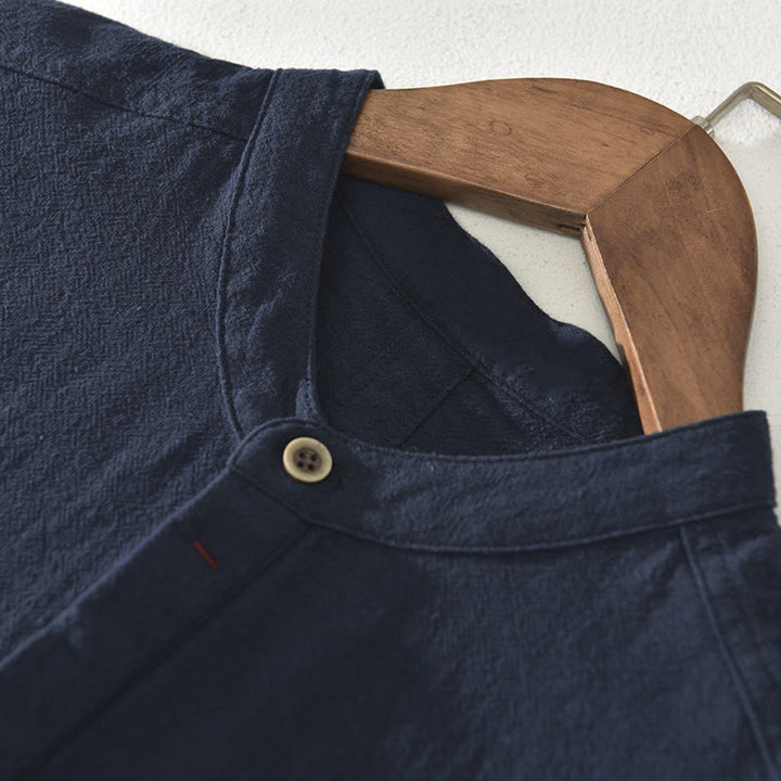 Camicia da uomo a maniche corte con mezza abbottonatura, tinta unita, con motivo Buddha Stones. Abbigliamento in cotone. - image 3