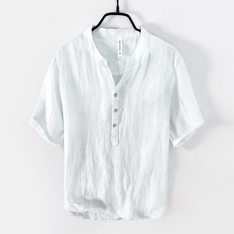 Camicia a maniche corte con bottoni a tinta unita Buddha Stones in cotone e lino per uomo - manica corta - Bianco - US/UK/AU50, EU60 (5XL) - image 12