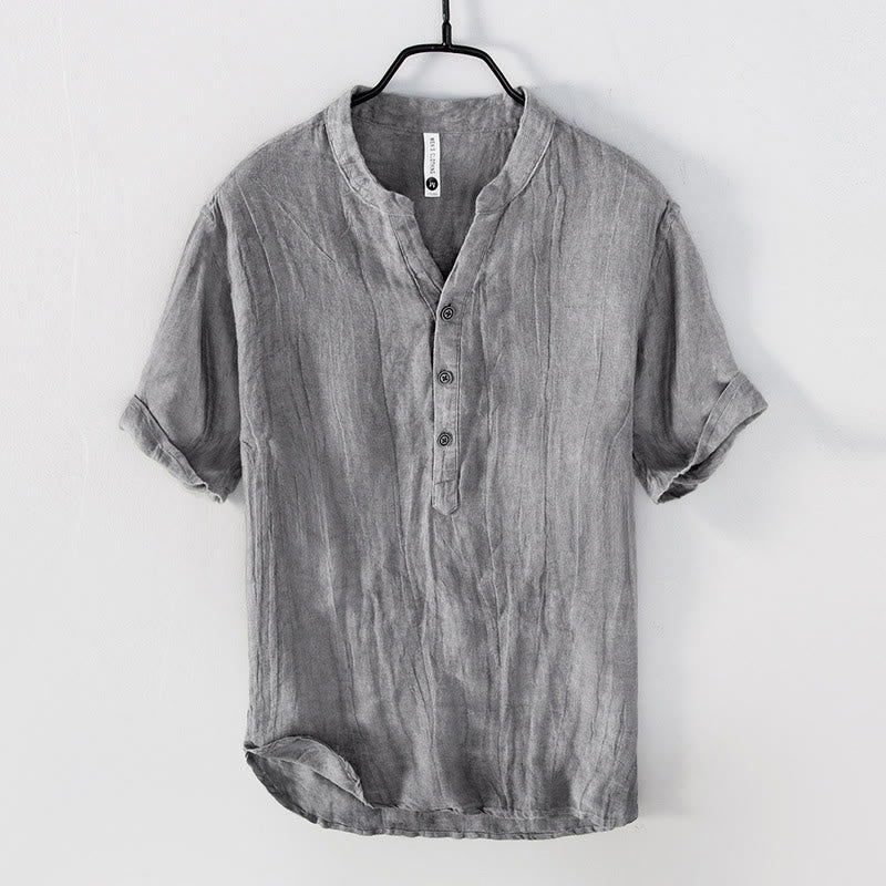 Camicia a maniche corte con bottoni a tinta unita Buddha Stones in cotone e lino per uomo