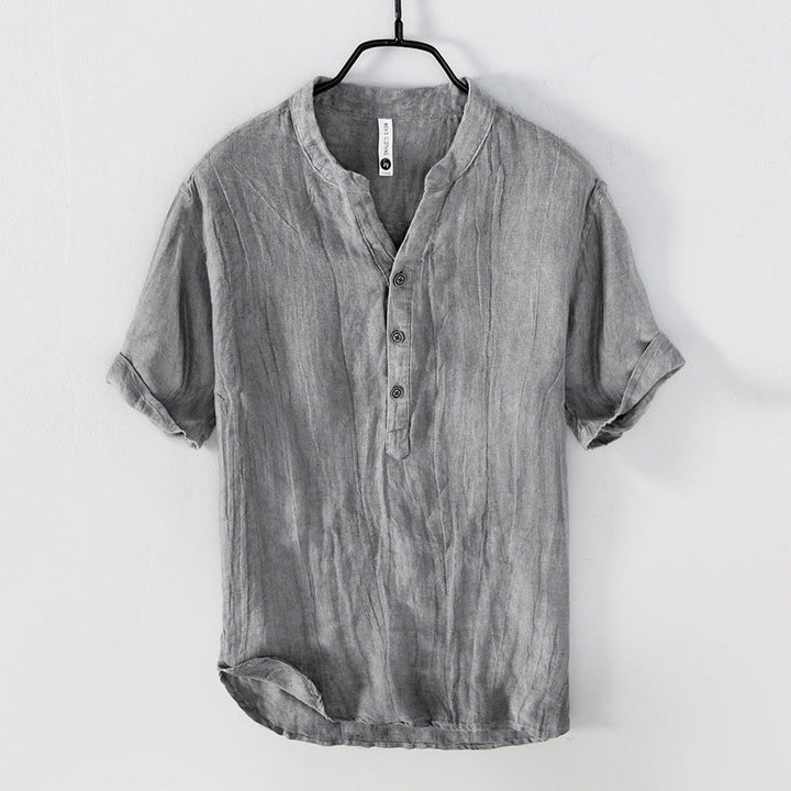 Camicia a maniche corte con bottoni a tinta unita Buddha Stones in cotone e lino per uomo - Manica corta - Grigio - US/UK/AU50, EU60 (5XL) - image 0