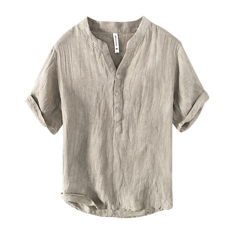 Camicia a maniche corte con bottoni a tinta unita Buddha Stones in cotone e lino per uomo - image 19