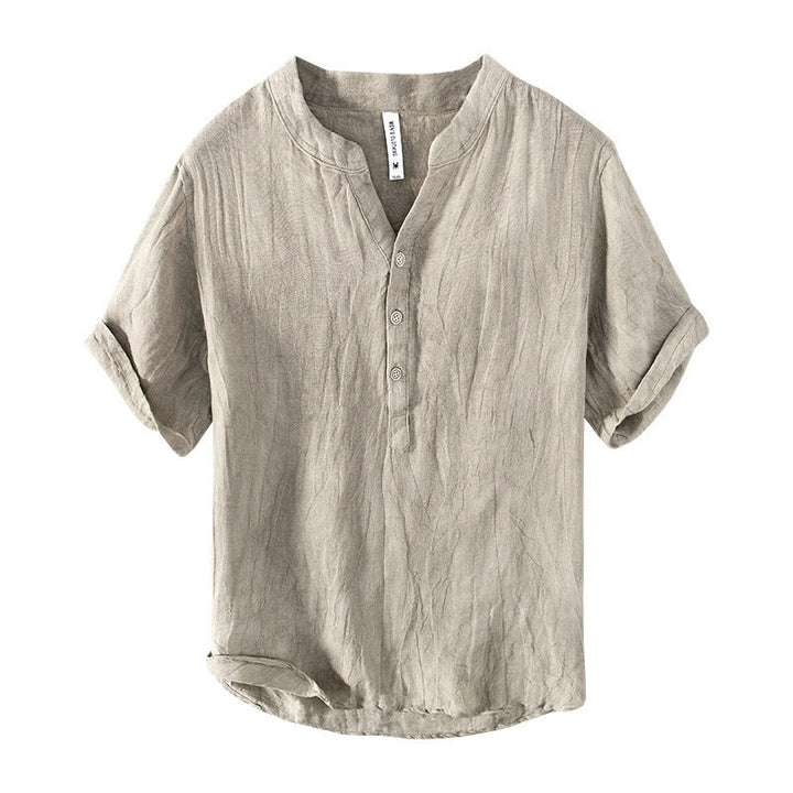 Camicia a maniche corte con bottoni a tinta unita Buddha Stones in cotone e lino per uomo - image 19