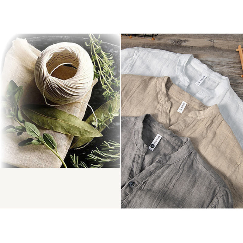 Camicia a maniche corte con bottoni a tinta unita Buddha Stones in cotone e lino per uomo - image 20