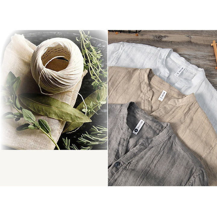 Camicia a maniche corte con bottoni a tinta unita Buddha Stones in cotone e lino per uomo - image 20