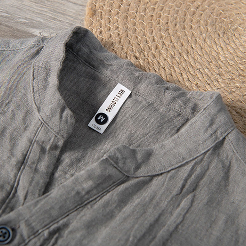 Camicia a maniche corte con bottoni a tinta unita Buddha Stones in cotone e lino per uomo - image 3