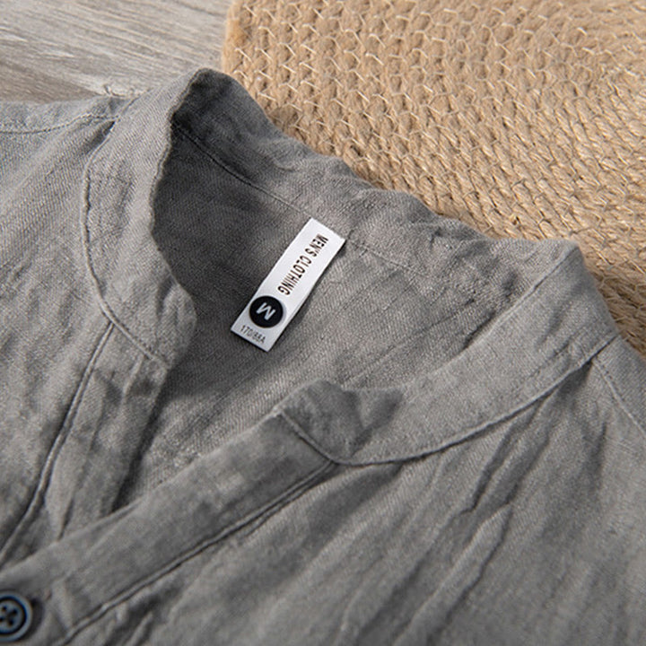 Camicia a maniche corte con bottoni a tinta unita Buddha Stones in cotone e lino per uomo - image 3