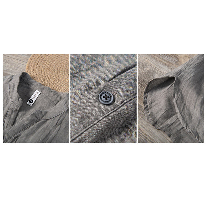 Camicia a maniche corte con bottoni a tinta unita Buddha Stones in cotone e lino per uomo - image 11