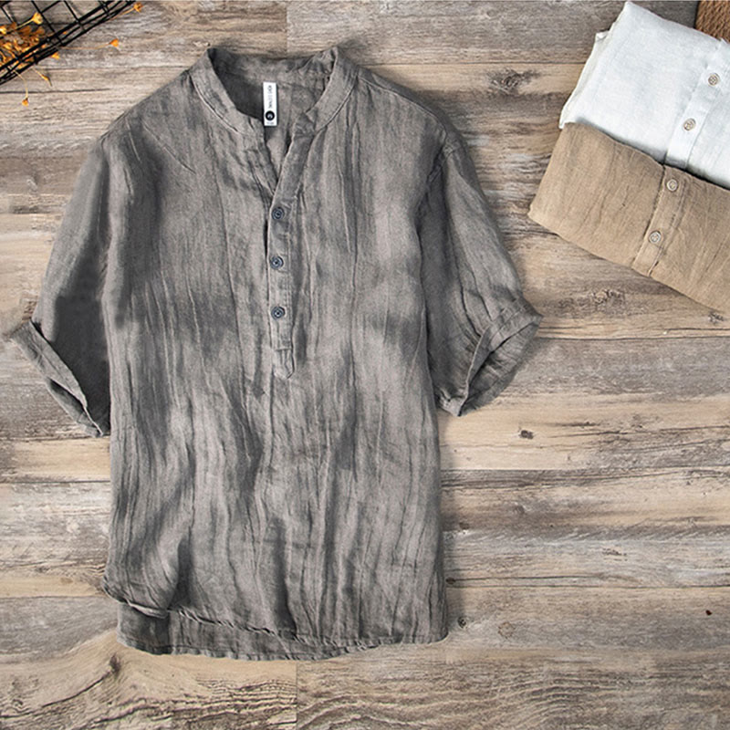 Camicia a maniche corte con bottoni a tinta unita Buddha Stones in cotone e lino per uomo - image 2