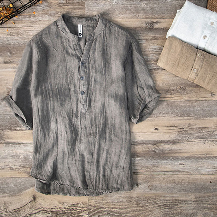 Camicia a maniche corte con bottoni a tinta unita Buddha Stones in cotone e lino per uomo - image 2