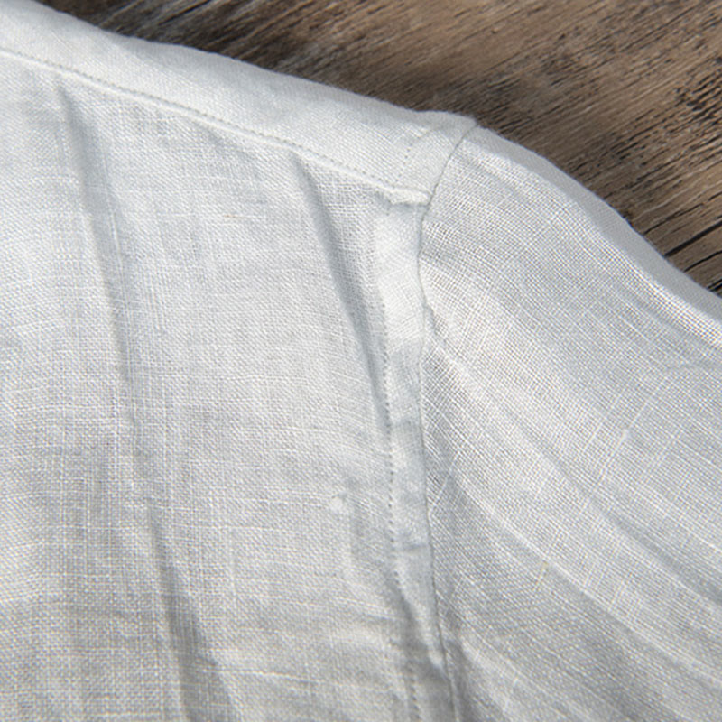 Camicia a maniche corte con bottoni a tinta unita Buddha Stones in cotone e lino per uomo - image 14