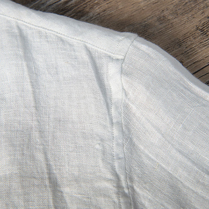 Camicia a maniche corte con bottoni a tinta unita Buddha Stones in cotone e lino per uomo - image 14