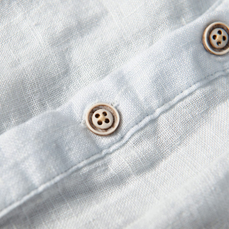 Camicia a maniche corte con bottoni a tinta unita Buddha Stones in cotone e lino per uomo - image 15