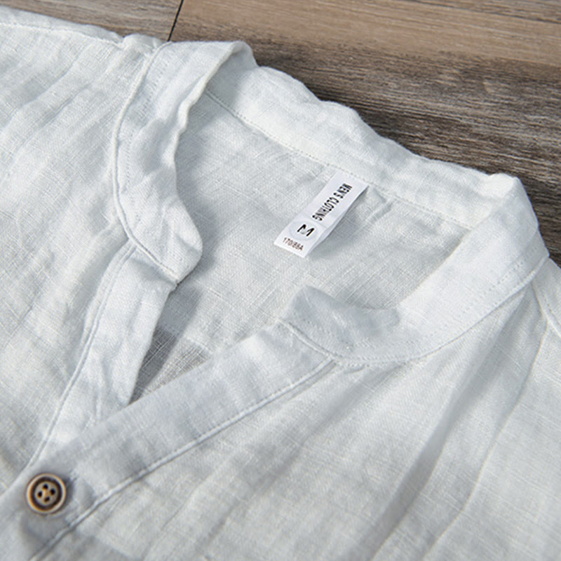 Camicia a maniche corte con bottoni a tinta unita Buddha Stones in cotone e lino per uomo - image 13