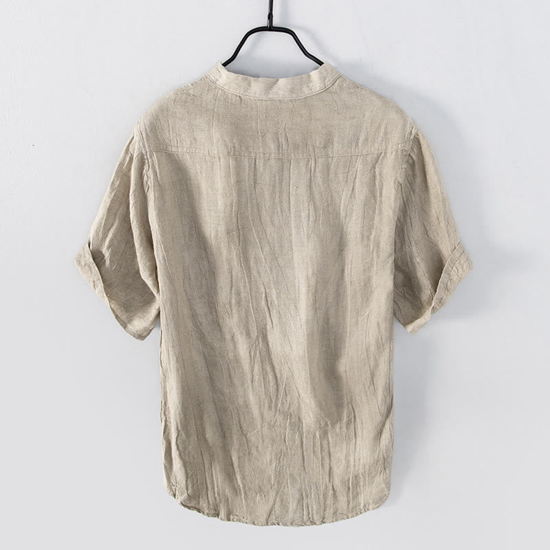 Camicia a maniche corte con bottoni a tinta unita Buddha Stones in cotone e lino per uomo - image 18