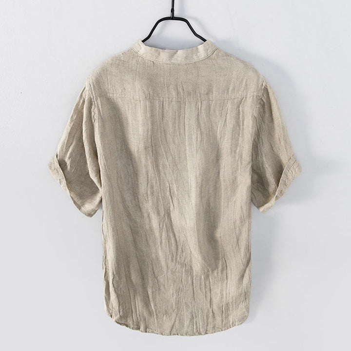 Camicia a maniche corte con bottoni a tinta unita Buddha Stones in cotone e lino per uomo - image 18