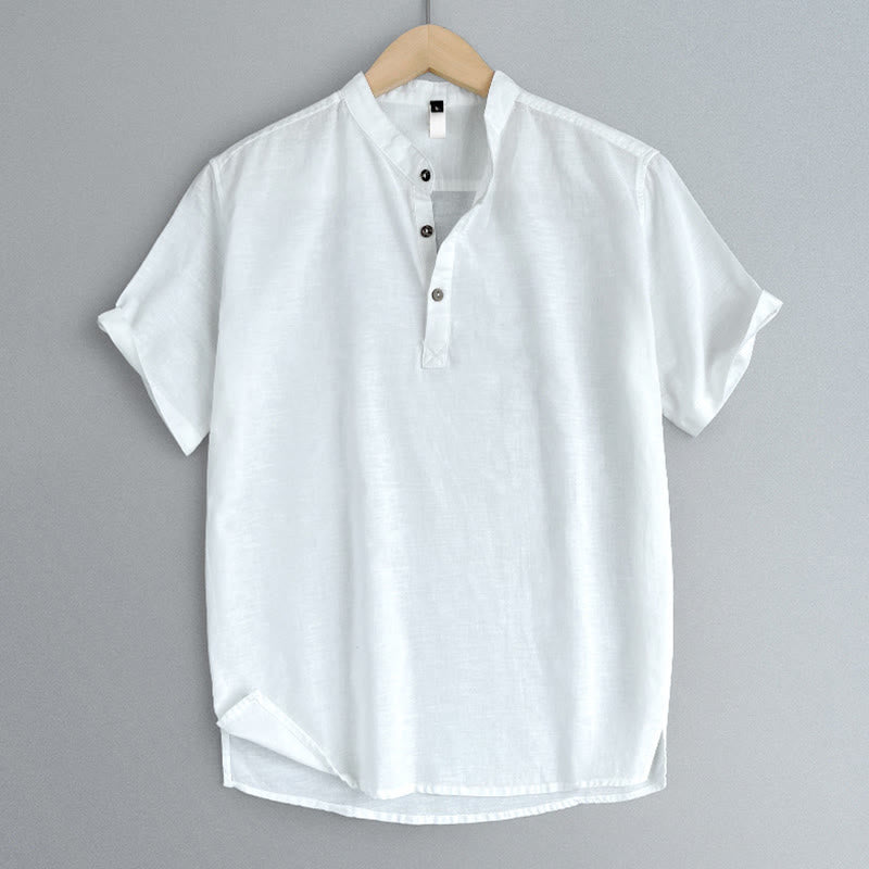 Camicia in lino a maniche corte con bottoni da uomo, tinta unita , Buddha Stones - image 19