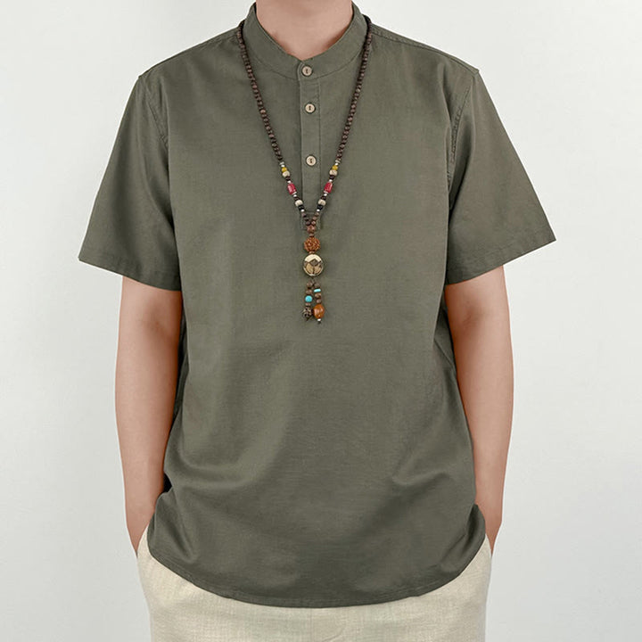 Camicia in lino a maniche corte con bottoni da uomo, tinta unita , Buddha Stones - Cachi scuro - US/UK/AU44, EU54 (4XL) - image 0