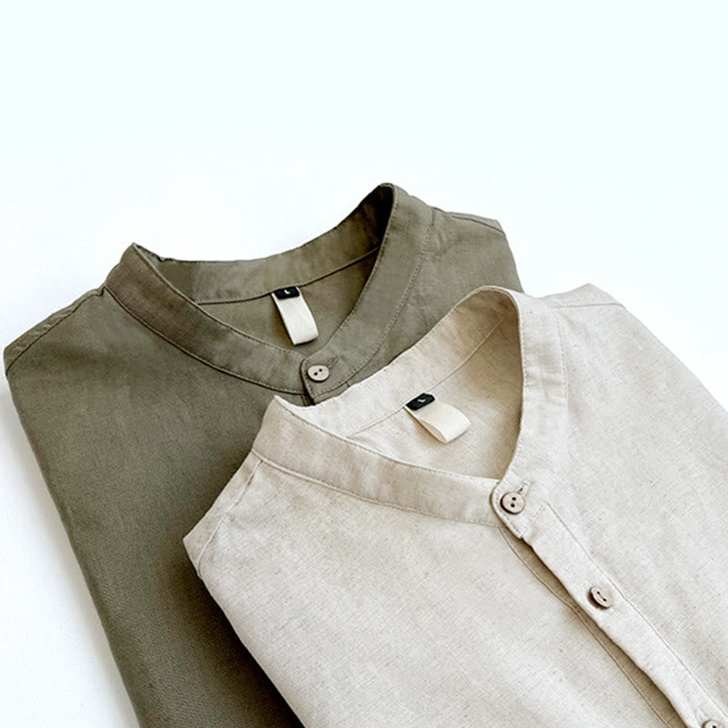 Camicia in lino a maniche corte con bottoni da uomo, tinta unita , Buddha Stones - image 1